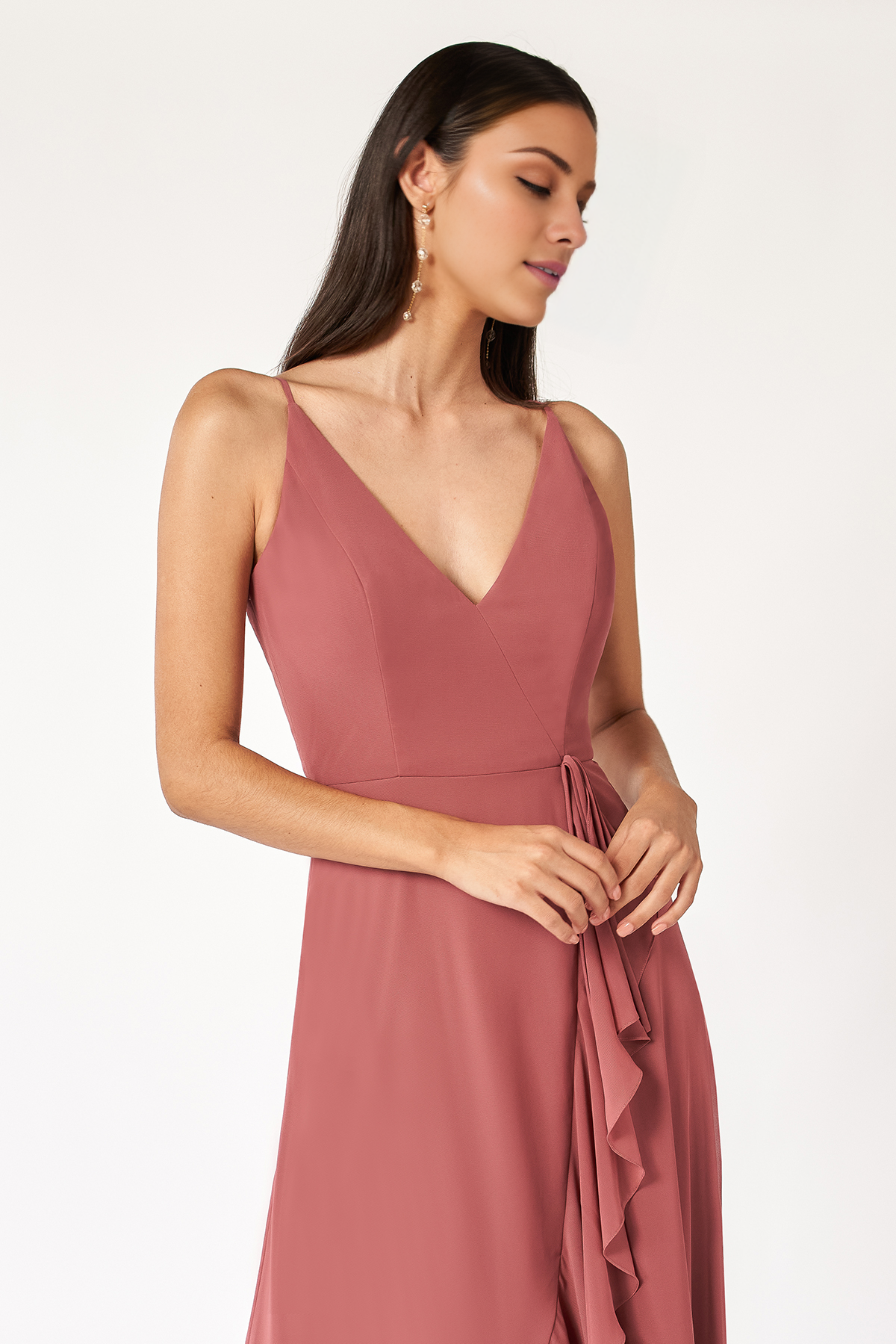 Robe de soirée longue à encolure en V et épaules dénudées, sans manches, fines bretelles, fente dans le dos