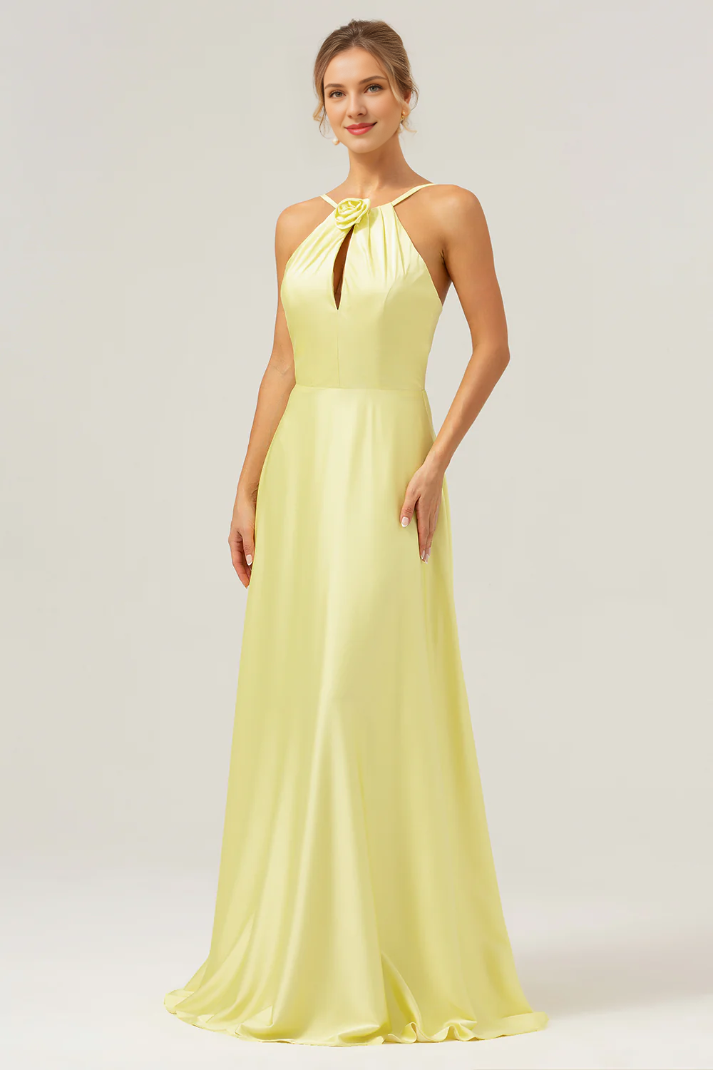 Yellow A-line hanging neck backless and floor length bridesmaid dress