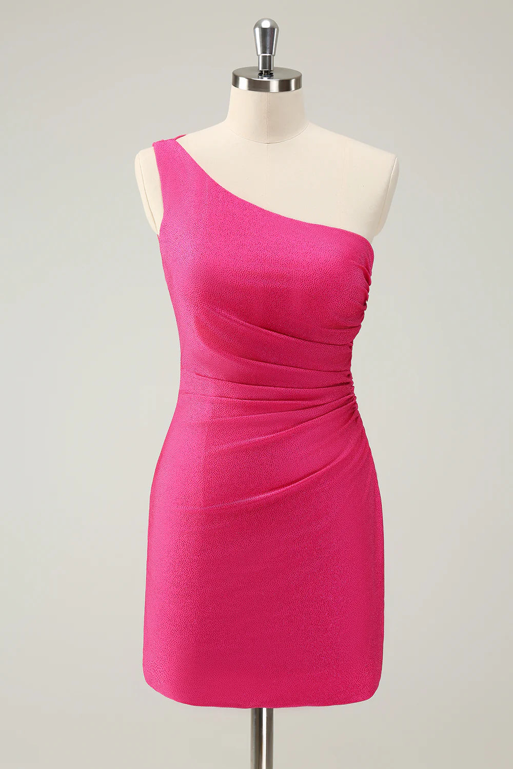 Unique pink one shoulder pleated short tight back to school dress