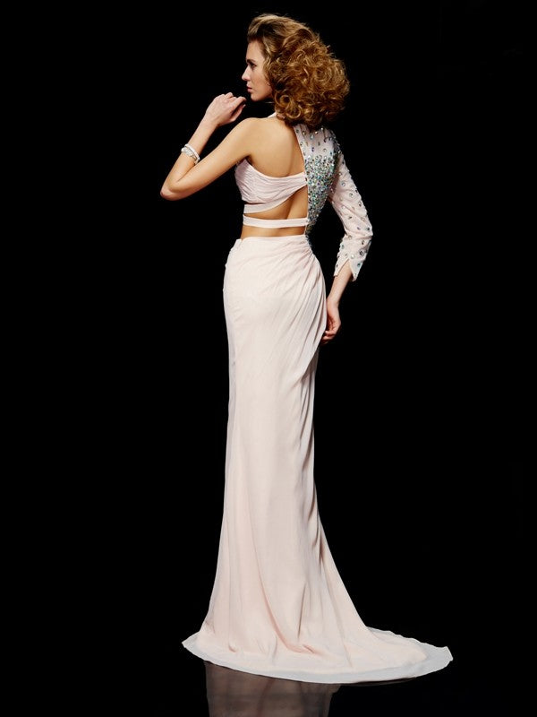 Etui-Linie One-Shoulder-Träger Ärmellos Rüschen Lange Chiffon Kleider