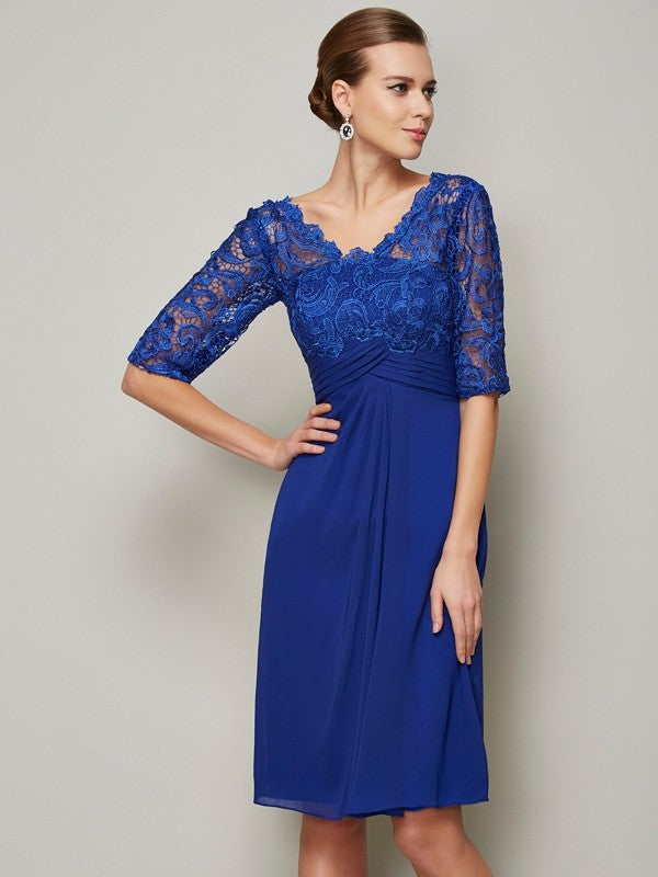 Robe de mère de la mariée courte en mousseline et dentelle, col en V, manches 1/2