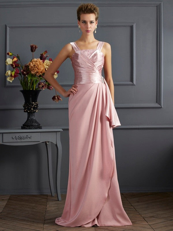 Robe de mère de la mariée longue en satin tissé, sans manches, à bretelles fourreau/colonne