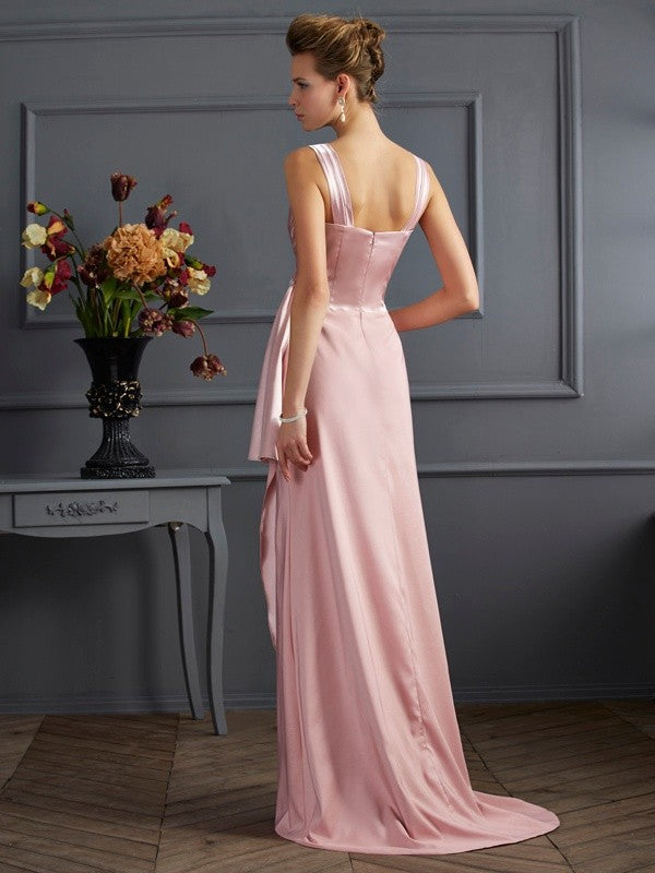Robe de mère de la mariée longue en satin tissé, sans manches, à bretelles fourreau/colonne