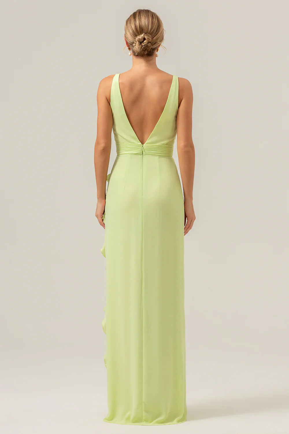Lime V-neck ruffled slit with floral print, backless bridesmaid dress