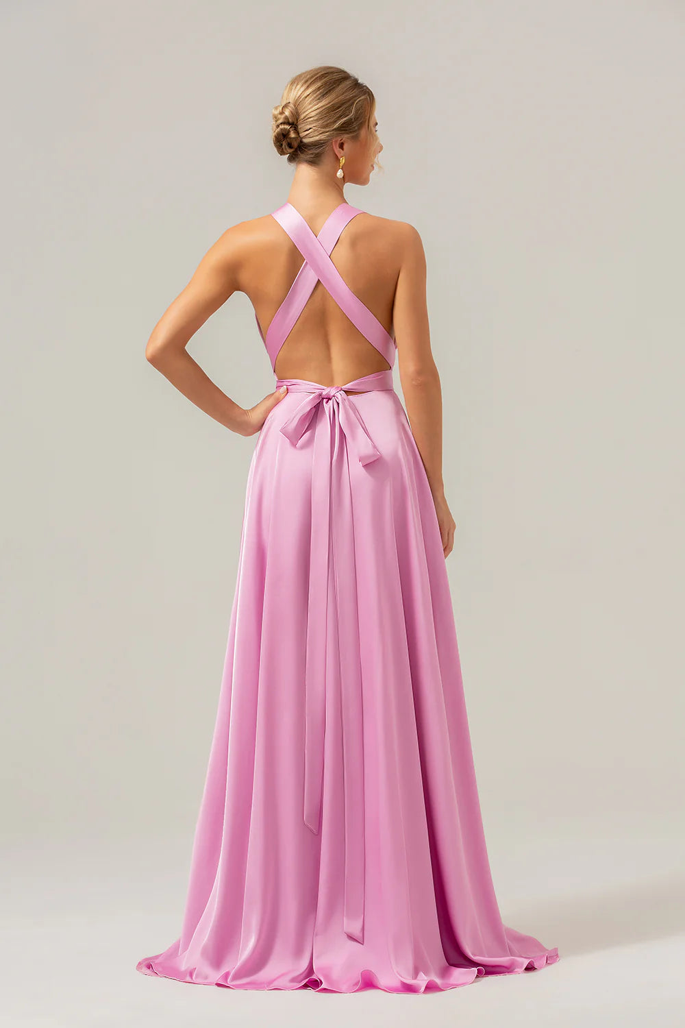 Pink A-line deep V-neck lace up back long slit satin bridesmaid dress