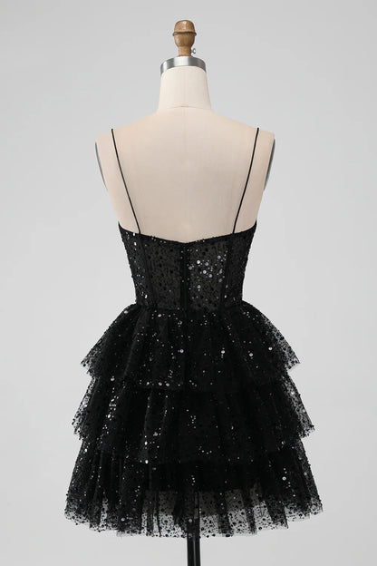 Bright black A-line thin shoulder strap layered short sequin back to school dress