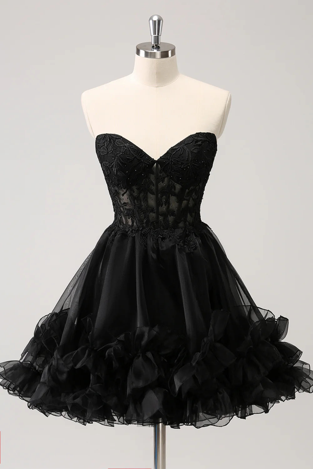 Robe de soirée noire brillante en forme de A avec corset et perles