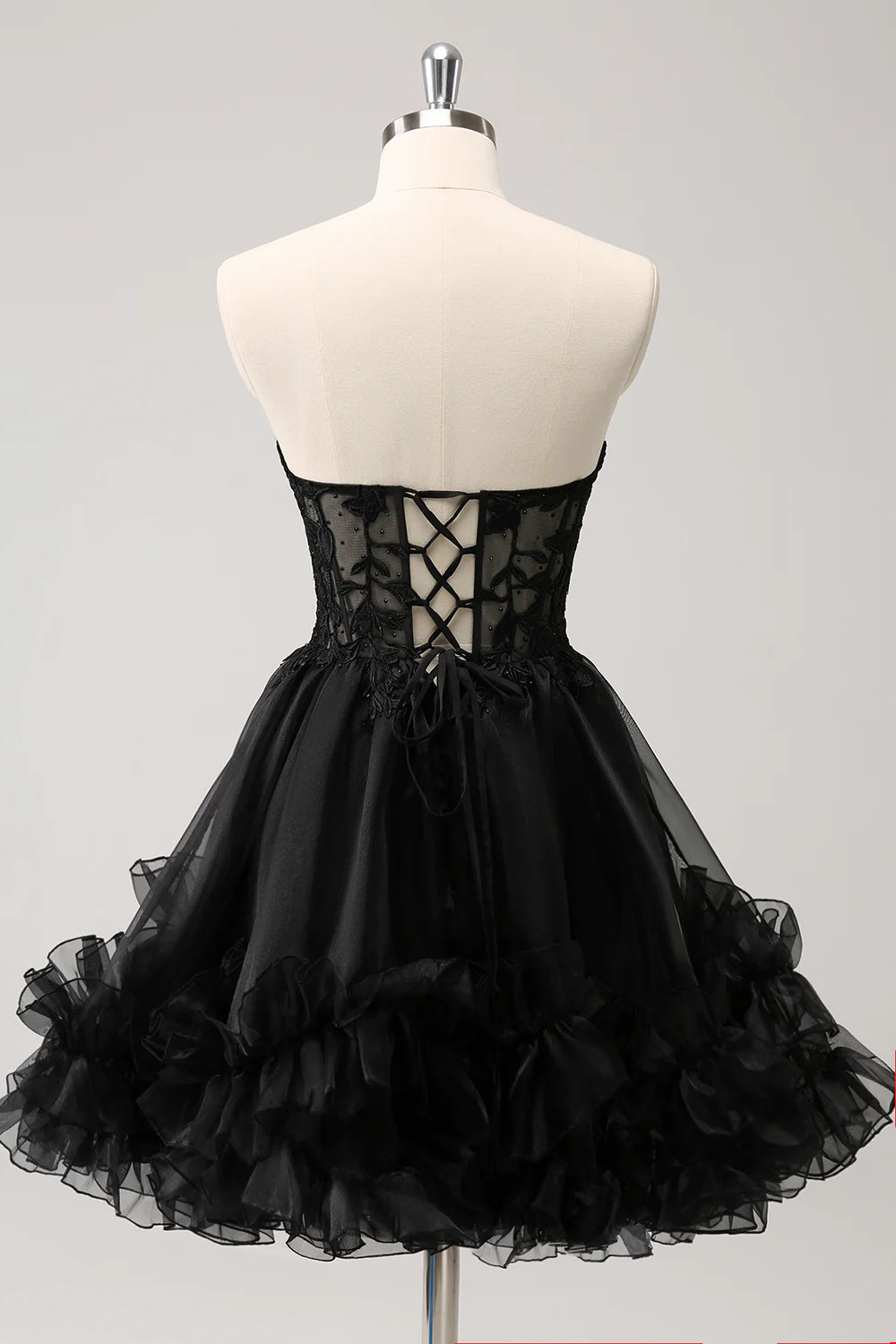 Robe de soirée noire brillante en forme de A avec corset et perles