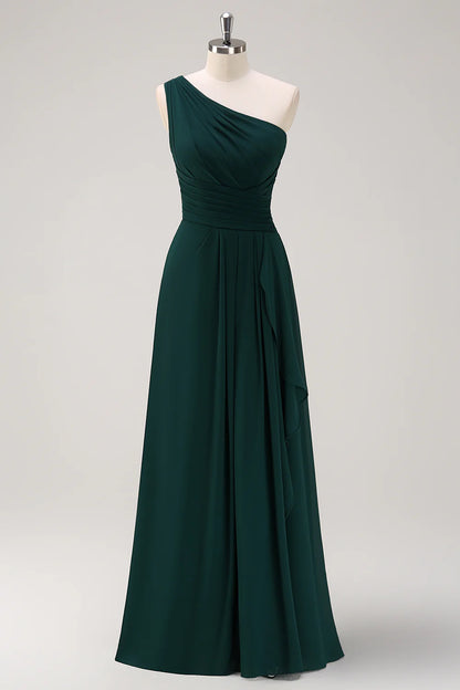 Deep green A-line shoulder chiffon pleated long bridesmaid dress