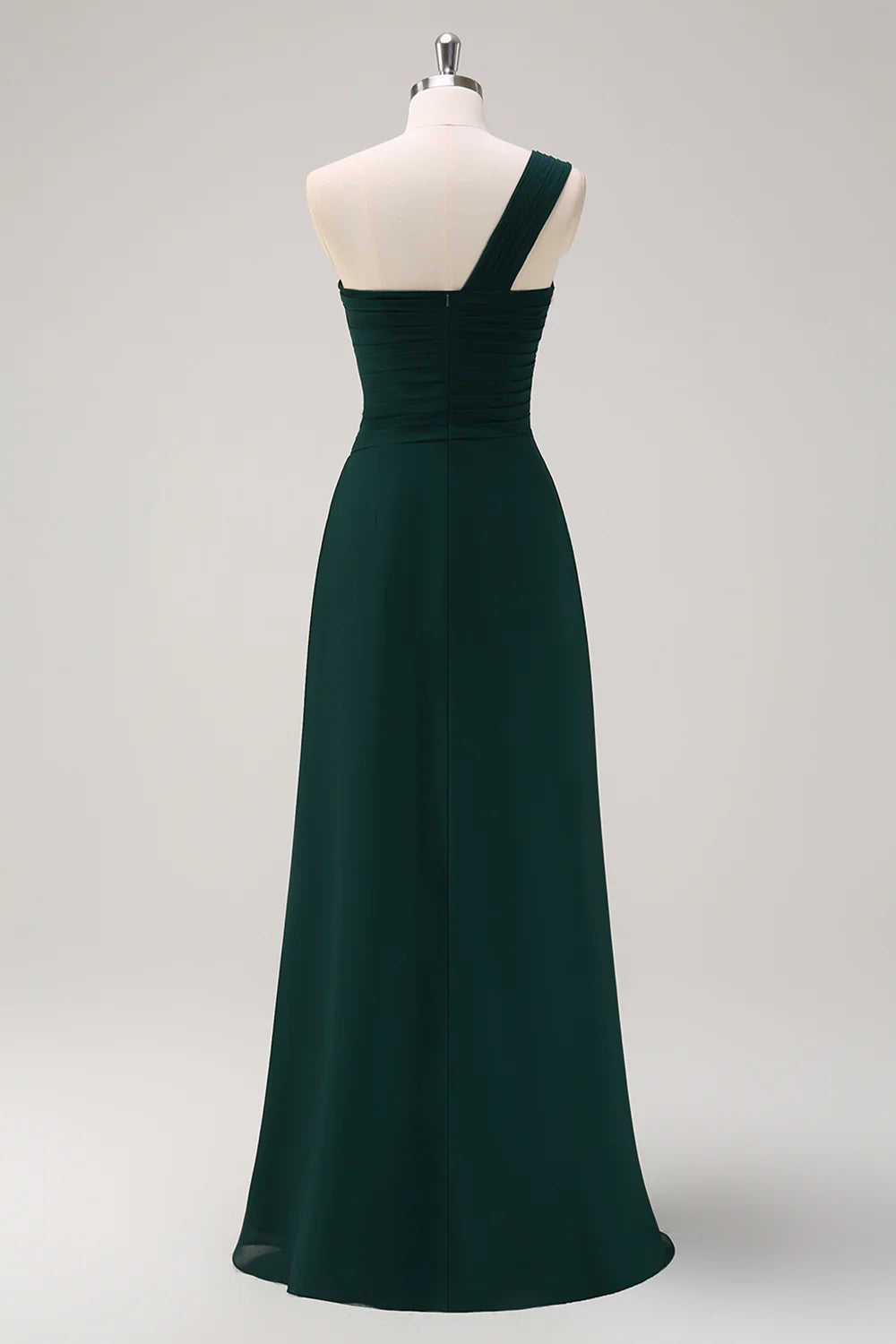 Deep green A-line shoulder chiffon pleated long bridesmaid dress