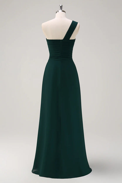 Deep green A-line shoulder chiffon pleated long bridesmaid dress