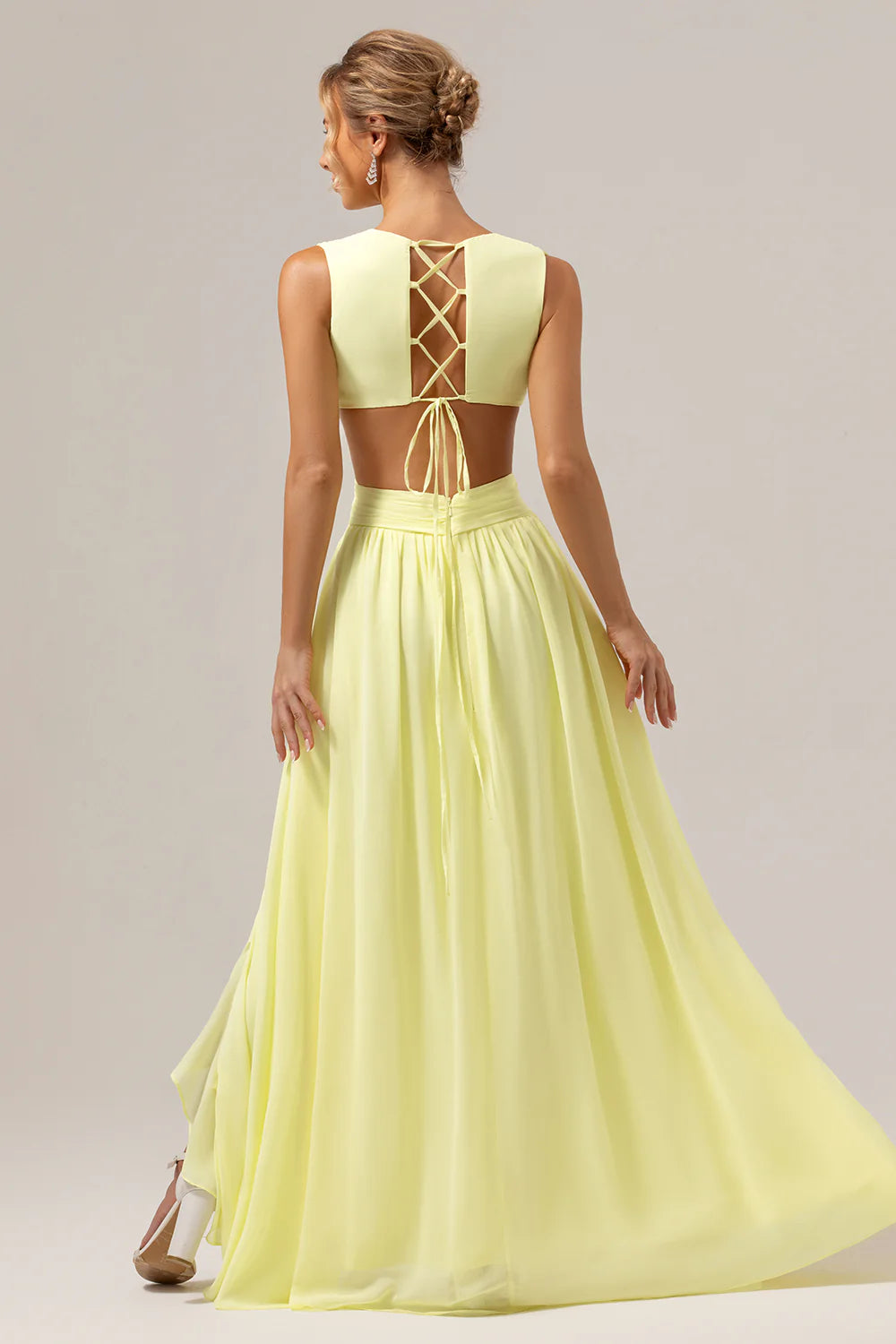 Lemon yellow A-line V-neck hollow out ruffle edge pleated long bridesmaid dress with slits