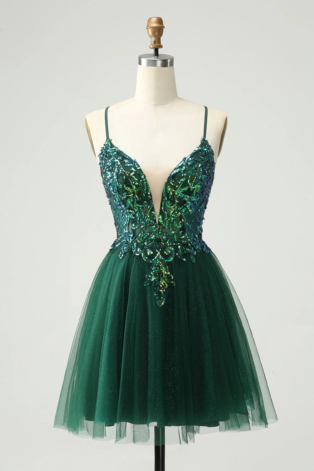 Jolie robe courte vert foncé à paillettes et col en V pour la rentrée scolaire