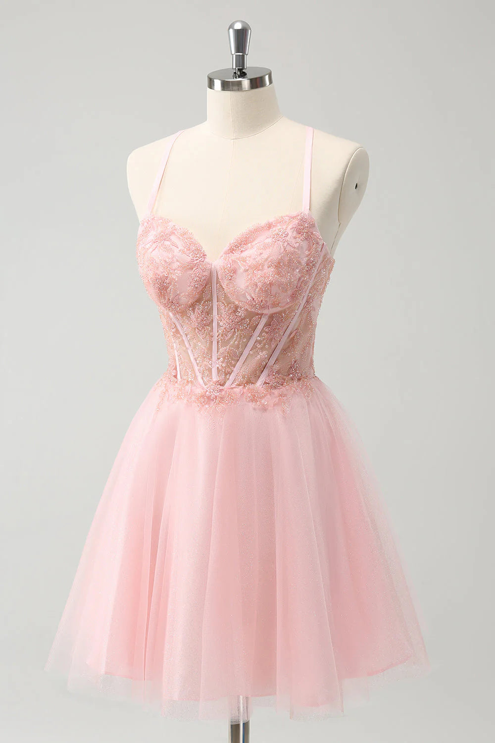 Robe courte de rentrée scolaire en mousseline rose, coupe trapèze, corset moulant