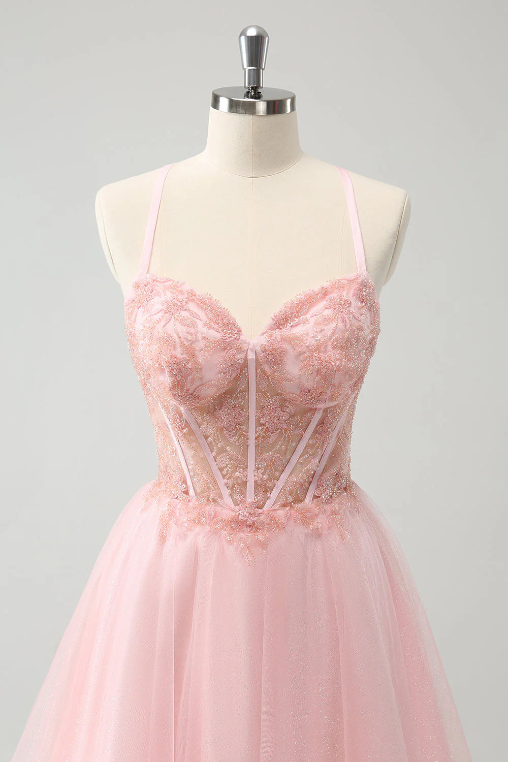 Robe courte de rentrée scolaire en mousseline rose, coupe trapèze, corset moulant