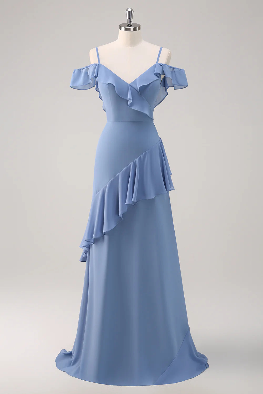 Robe de demoiselle d'honneur longue en mousseline de soie à volants, épaules dénudées et dos nu, gris bleu
