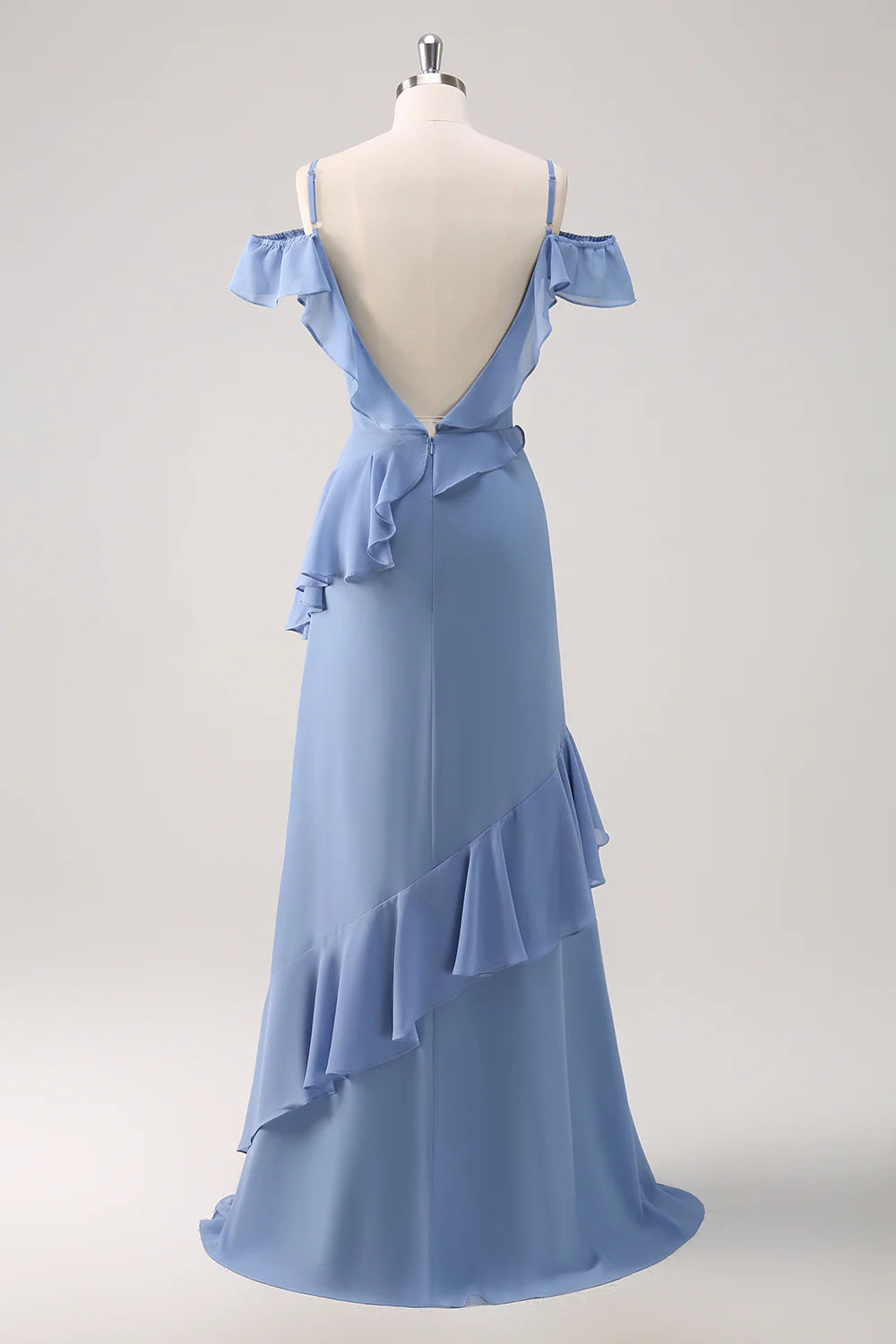 Robe de demoiselle d'honneur longue en mousseline de soie à volants, épaules dénudées et dos nu, gris bleu