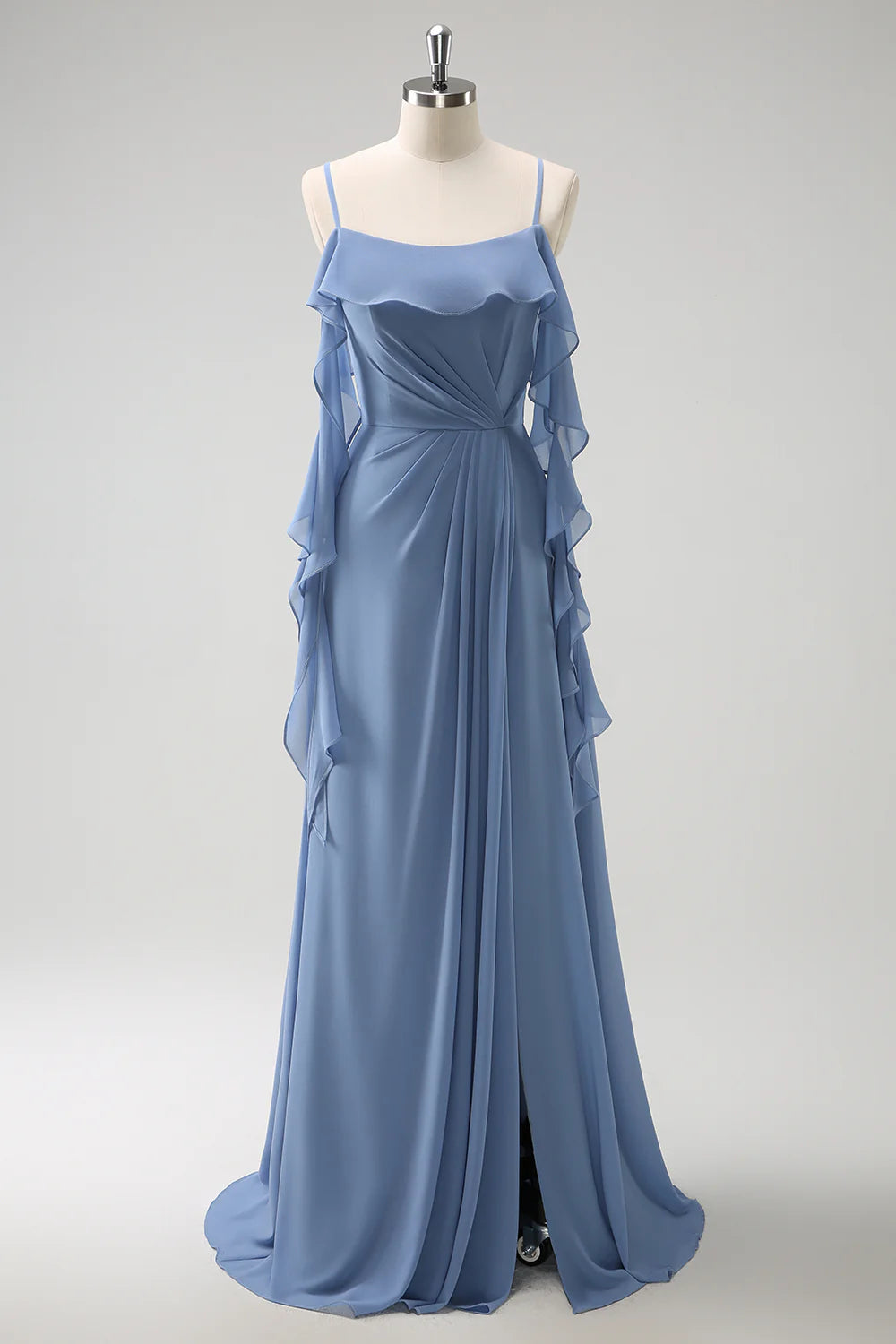 Robe de demoiselle d'honneur en mousseline plissée à bretelles fines et coupe trapèze gris-bleu