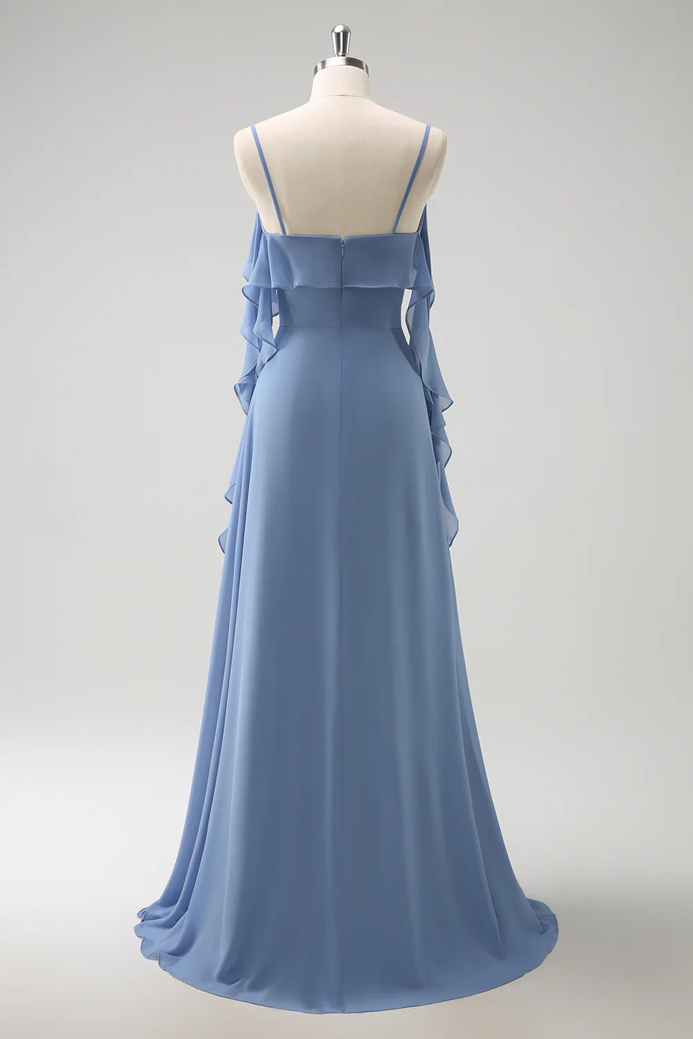 Robe de demoiselle d'honneur en mousseline plissée à bretelles fines et coupe trapèze gris-bleu