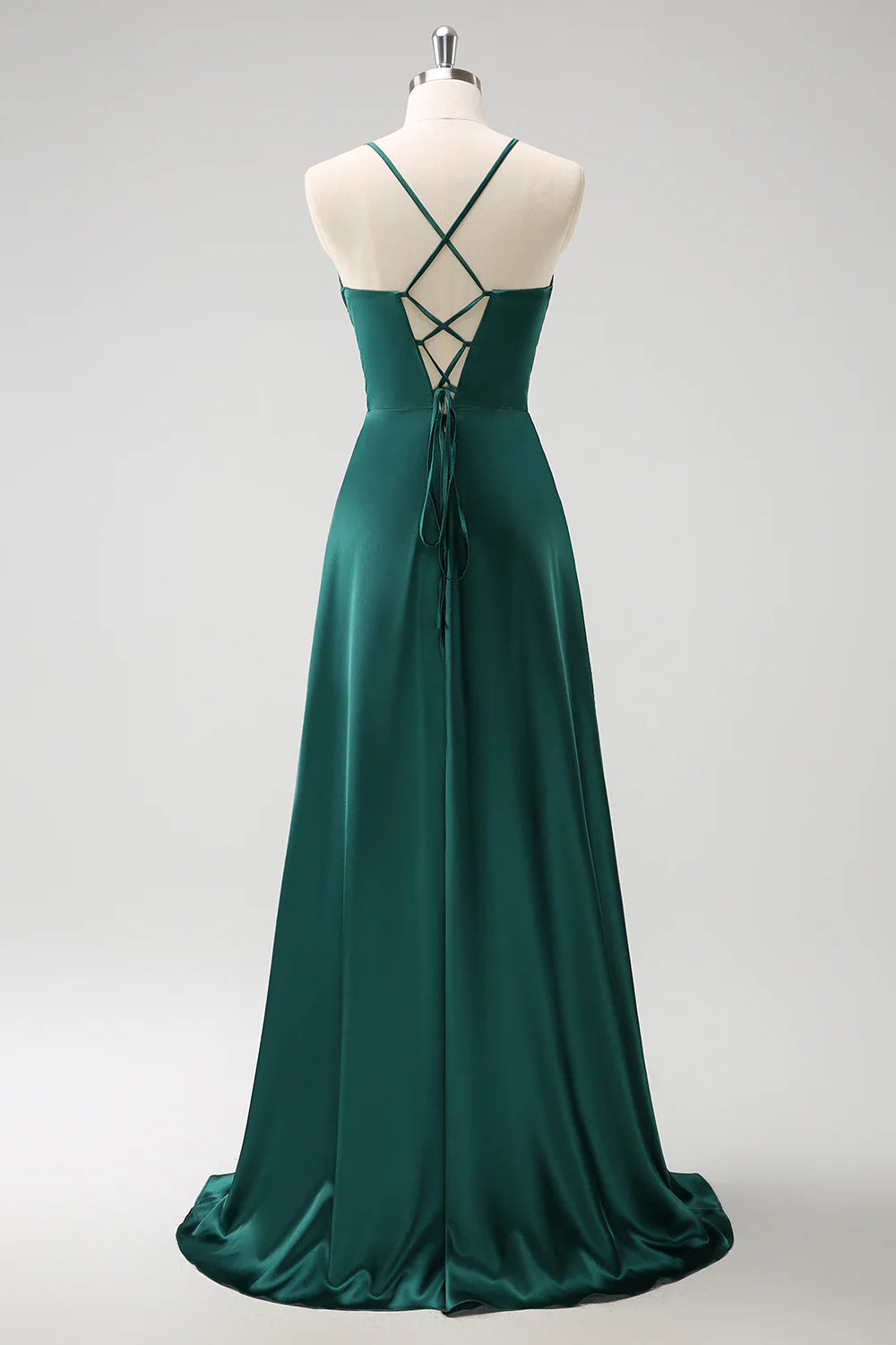 Robe de demoiselle d'honneur en satin vert foncé, coupe trapèze, à fines bretelles, plissée et longue au sol