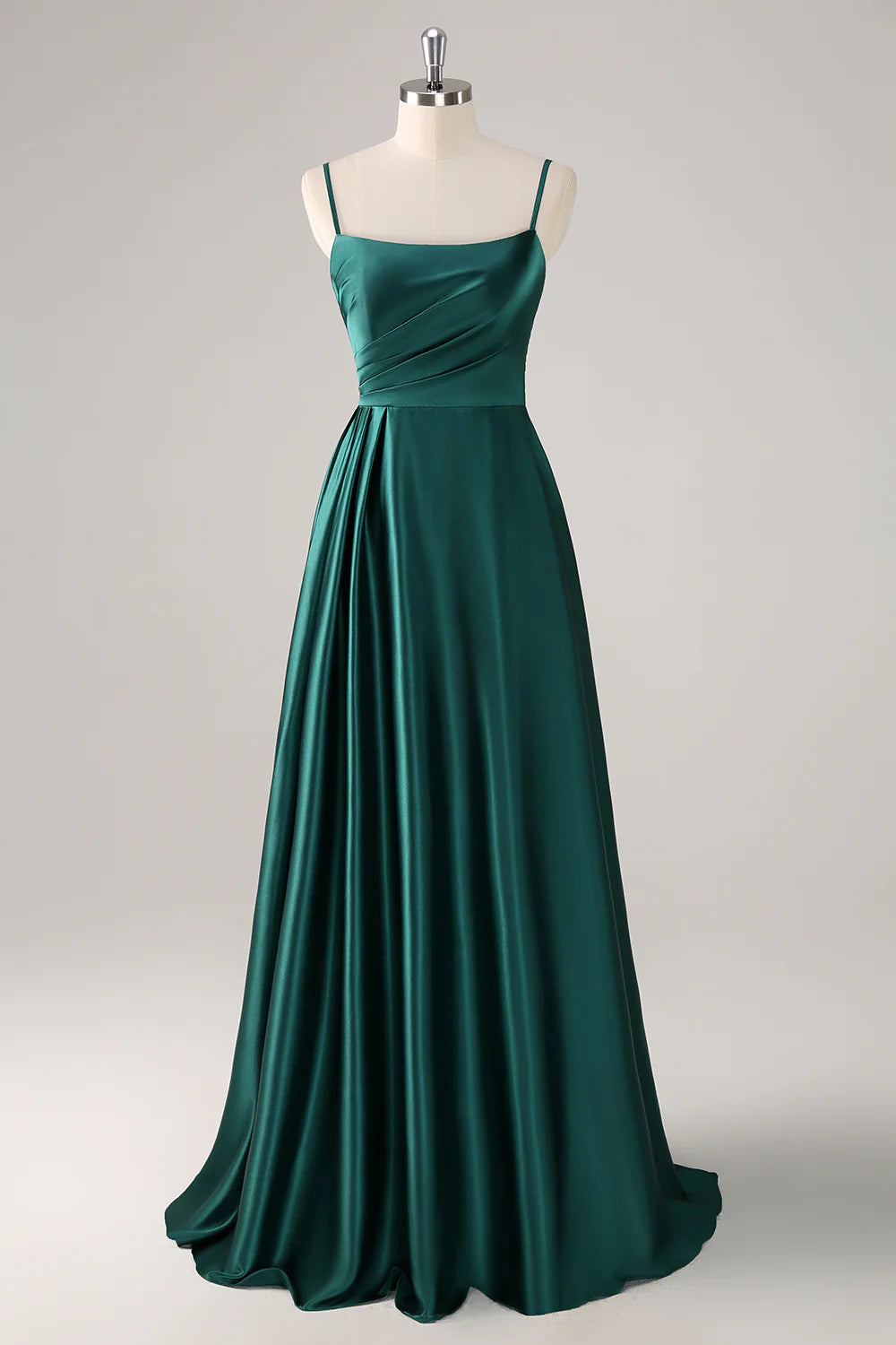 Robe de demoiselle d'honneur en satin plissé à fines bretelles vert foncé, coupe trapèze