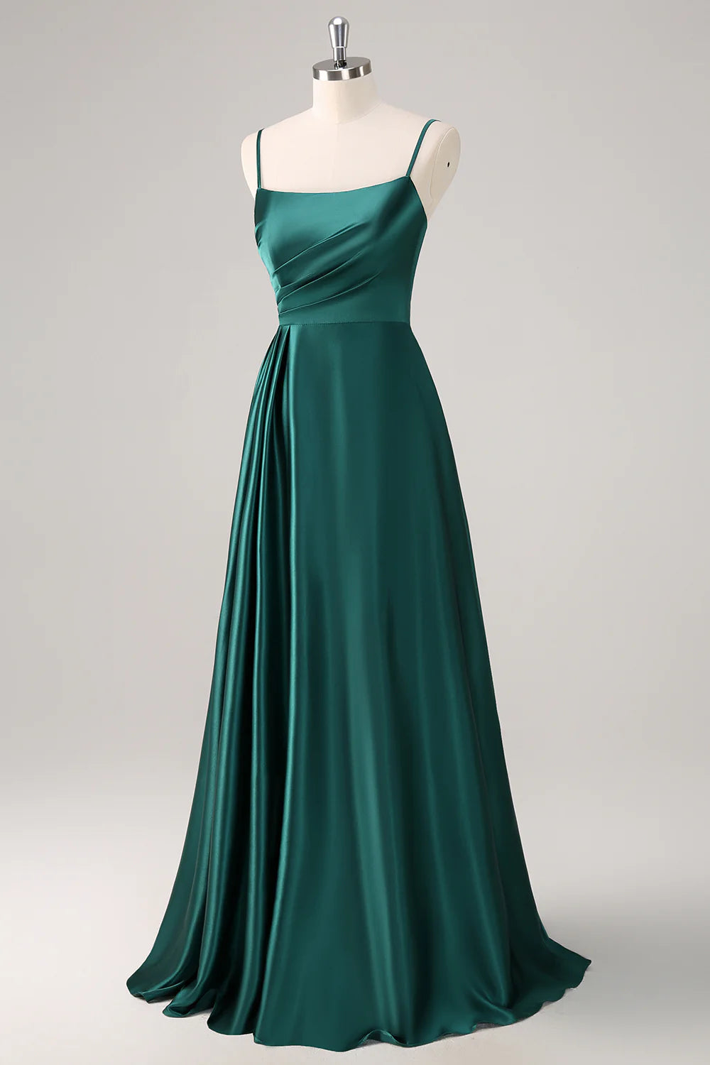 Robe de demoiselle d'honneur en satin plissé à fines bretelles vert foncé, coupe trapèze