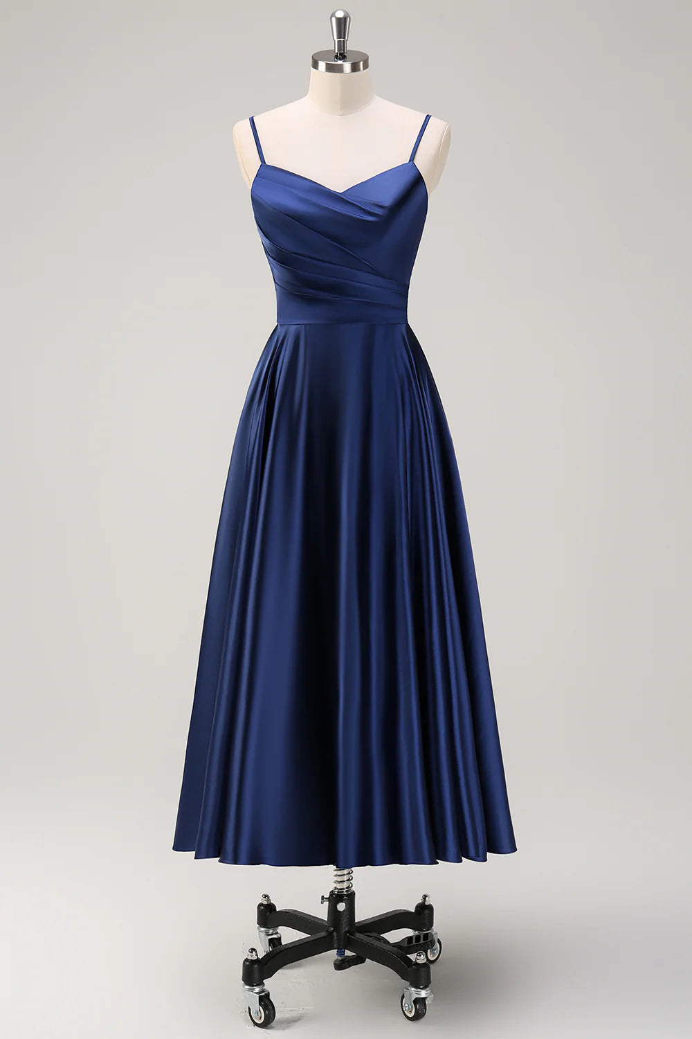 Robe de demoiselle d'honneur longue plissée à bretelles fines, bleu marine, coupe trapèze