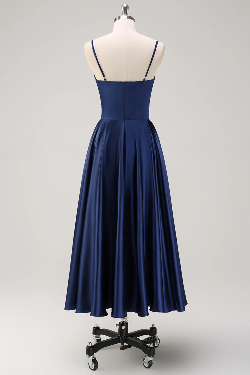 Robe de demoiselle d'honneur longue plissée à bretelles fines, bleu marine, coupe trapèze