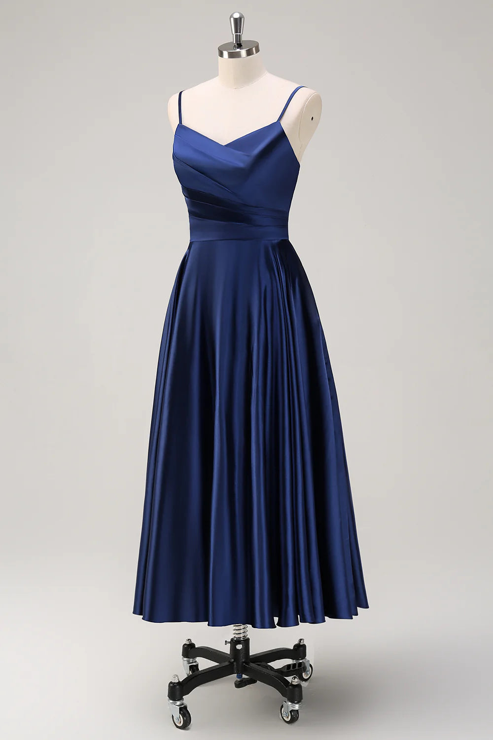Robe de demoiselle d'honneur longue plissée à bretelles fines, bleu marine, coupe trapèze