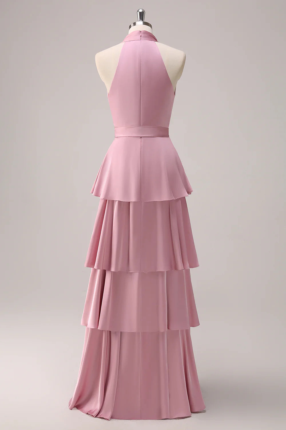 Robe de demoiselle d'honneur longue en satin rose à col en V et à plis superposés