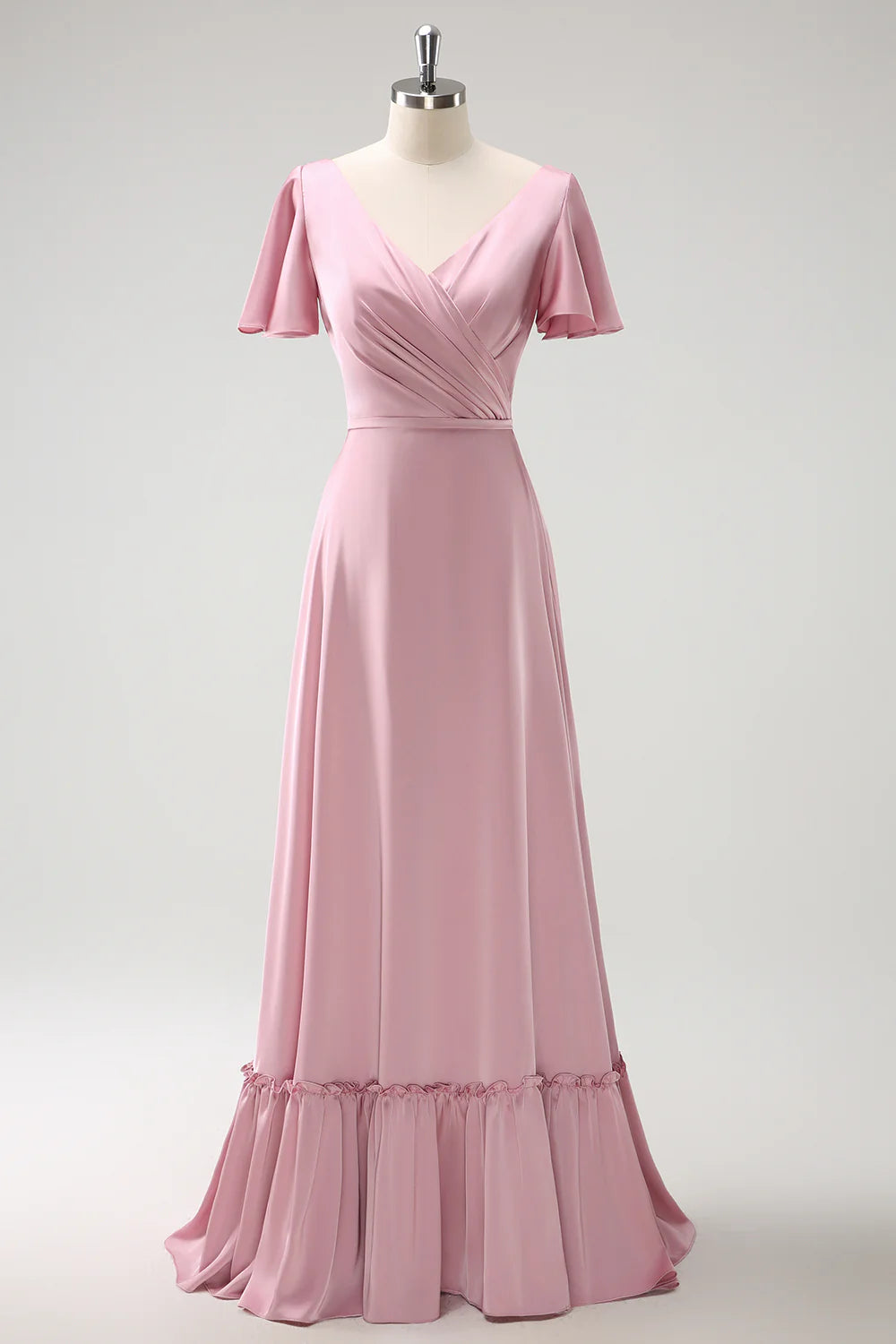 Robe de demoiselle d'honneur rose en satin plissé à volants et col en V