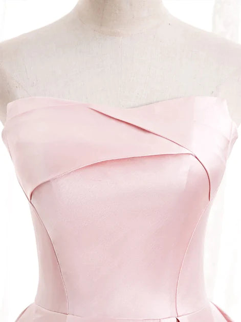 Trägerloses A-Linien-Ballkleid aus rosa Satin, langes Partykleid aus rosa Satin