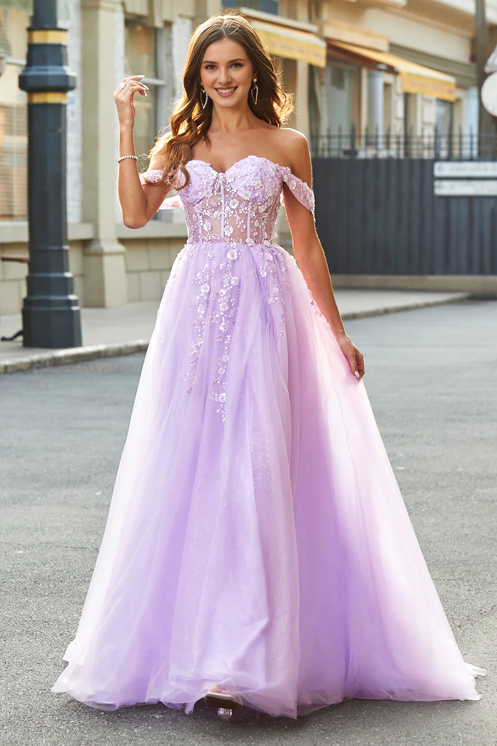 Lilafarbenes, schulterfreies, perlenbesetztes, langes, geschlitztes, enges Korsett-Ballkleid