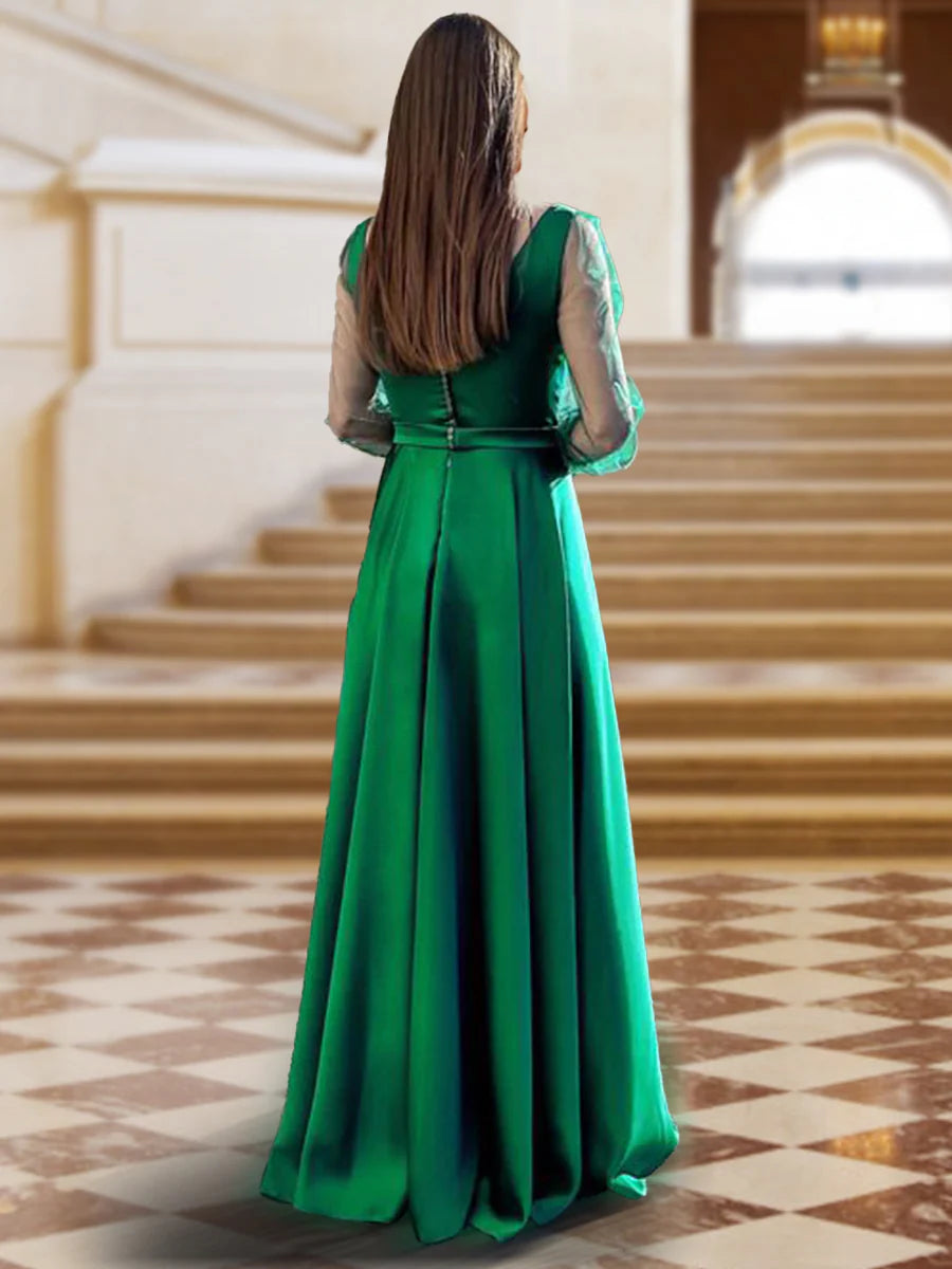 A-line/princess spoon neck long sleeved slit and floor length gown evening dresses