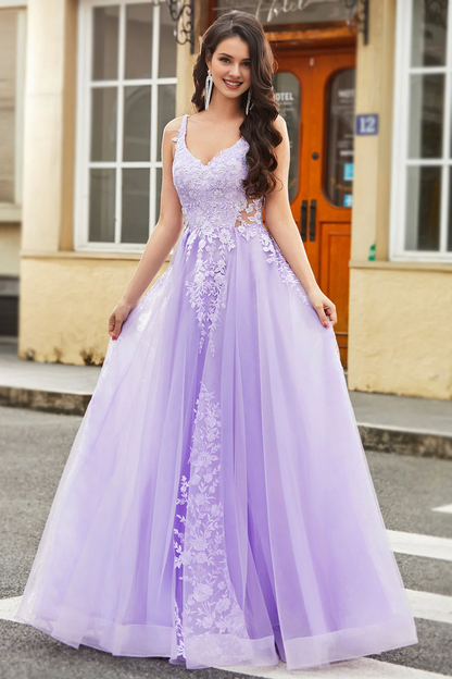 Gorgeous lilac A-line thin shoulder strap sheer long applique dance dress