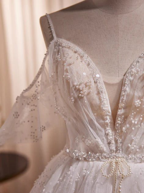 A-line ivory princess shoulder strap short sleeved short sleeved sheer long wedding dress party dress, ivory pearl sequin sheer and floor prom dress