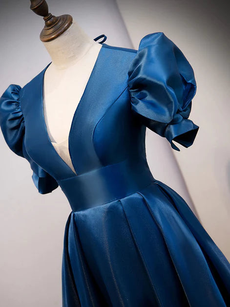Robe de bal longue en satin bleu à manches courtes, robe de soirée bleue