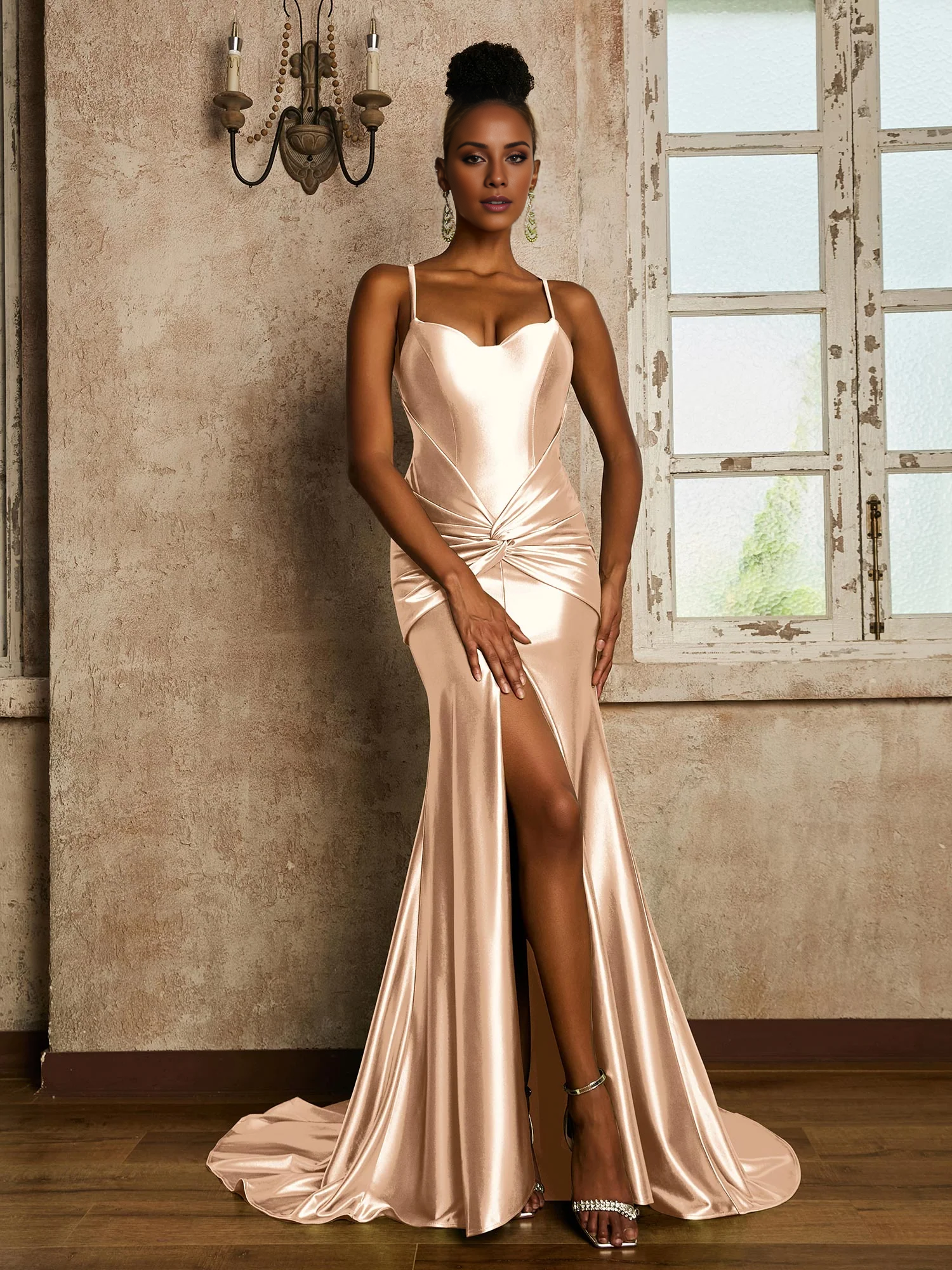 Waist pleated mermaid stretch satin dress - yidibang dress