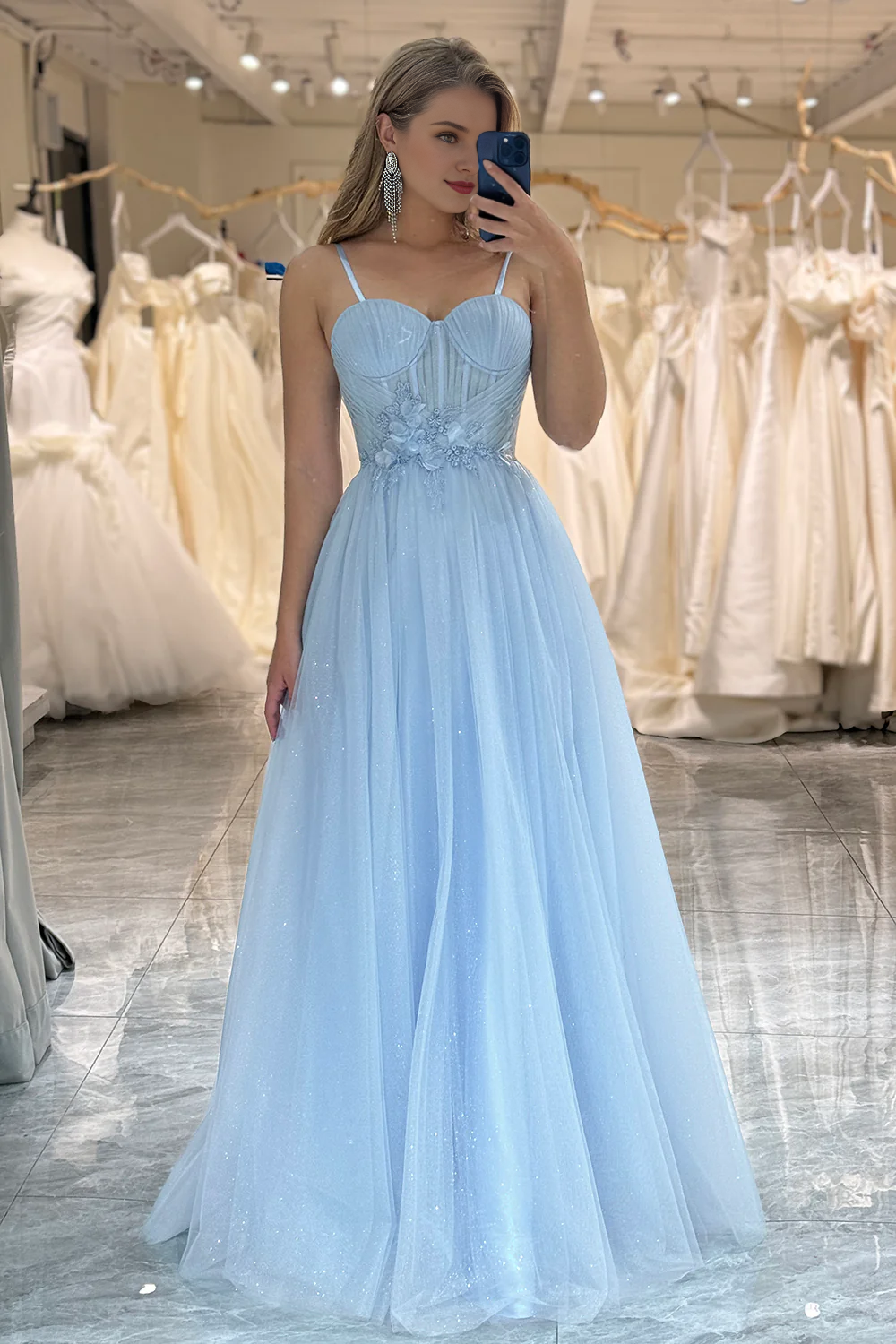 Light blue A-line shiny chiffon tight corset ball dress