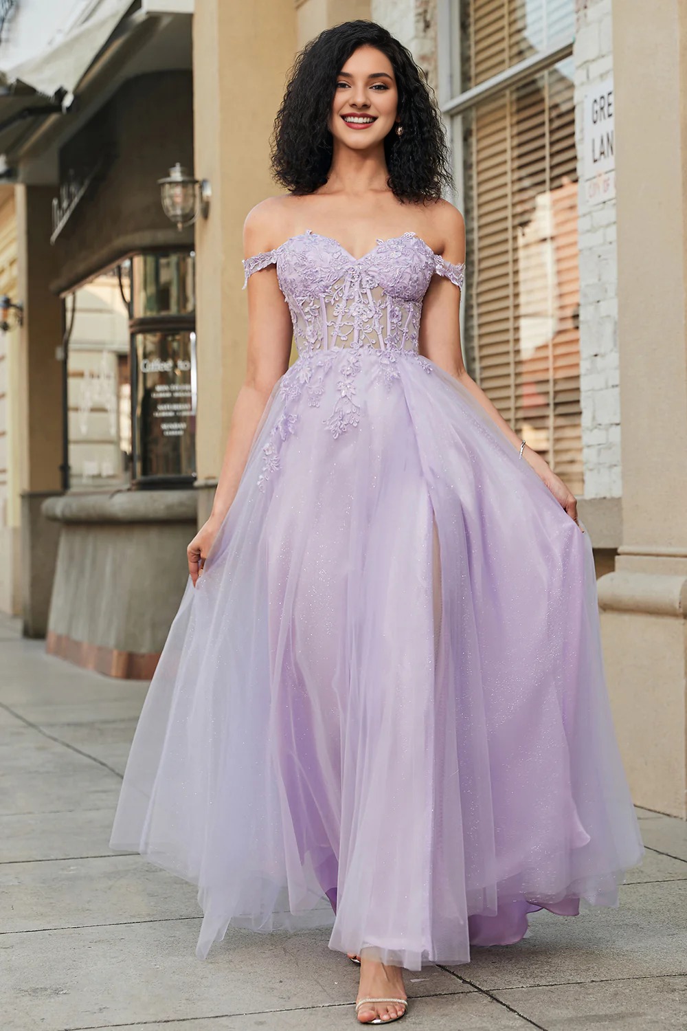 Lila A-Linien-Partykleid mit schulterfreiem, transparentem, engem Korsett aus Spitze