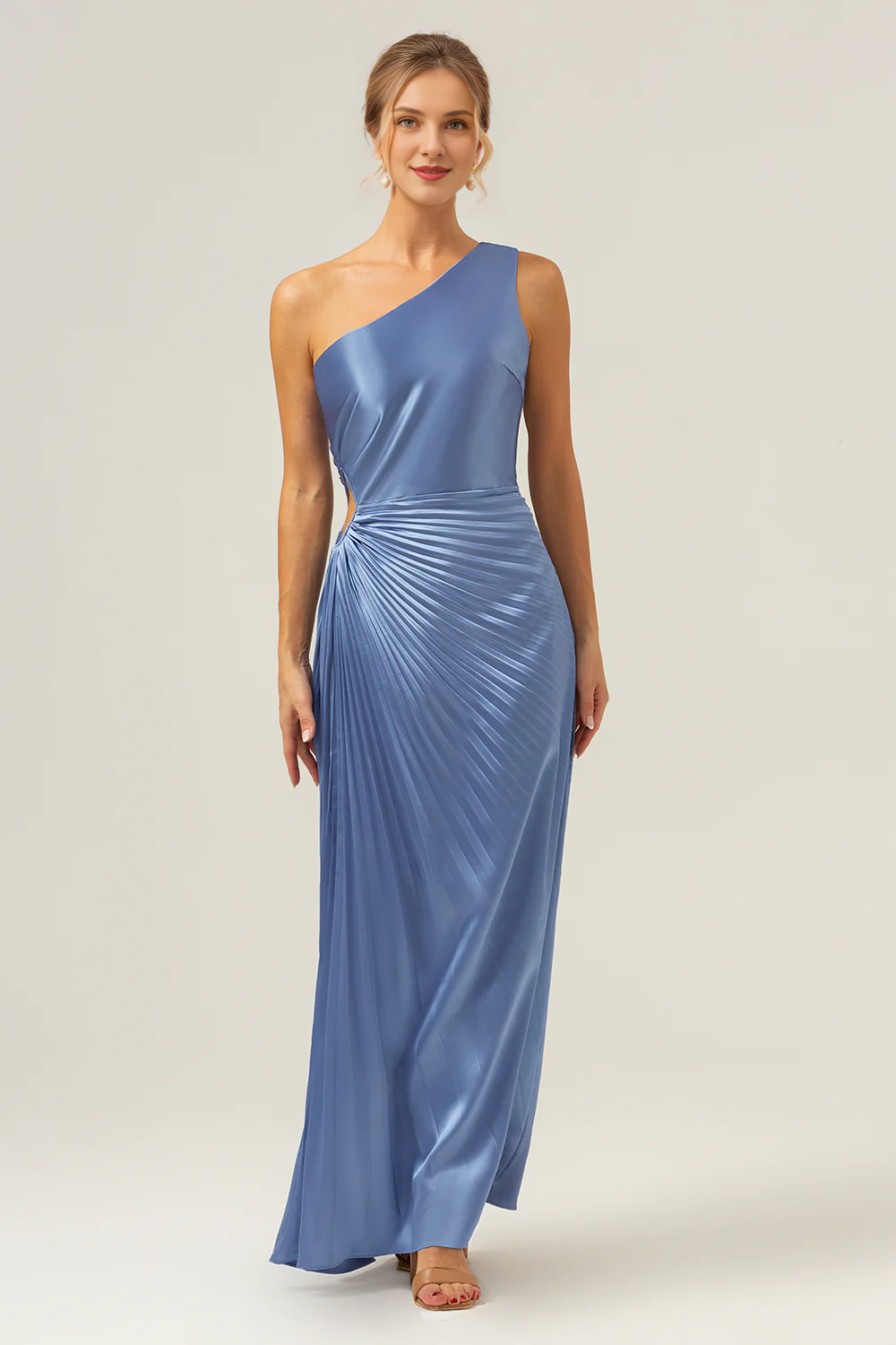 Tight shoulder pleated keyhole satin long blue bridesmaid dress