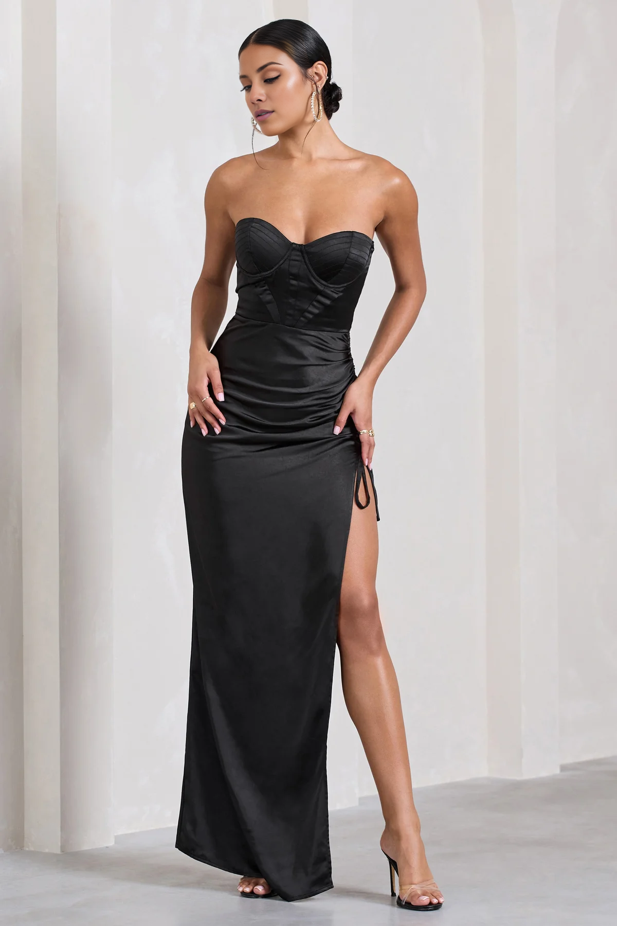 Yididbang off shoulder collar sleeveless strapless backless slit and floor length Prom dress