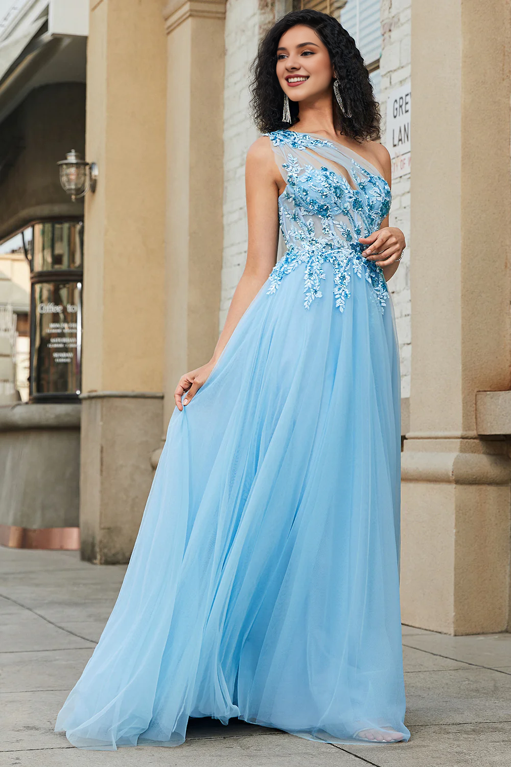 A-line one shoulder sequin light blue decal long ball gown
