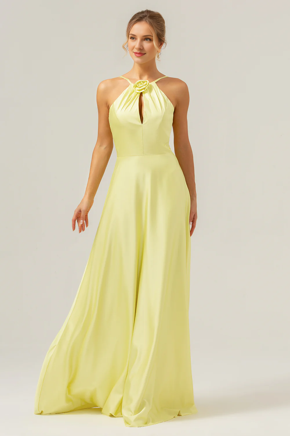 Yellow A-line hanging neck backless and floor length bridesmaid dress