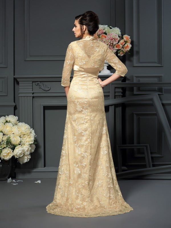 Robe de mère de la mariée longue en dentelle, coupe A-line/princesse, col en V, sans manches