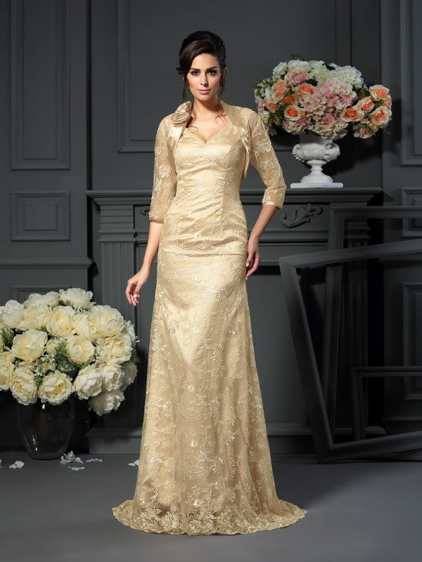 Robe de mère de la mariée longue en dentelle, coupe A-line/princesse, col en V, sans manches