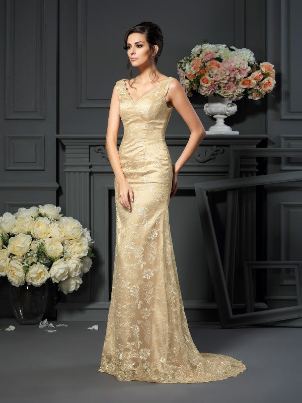 Robe de mère de la mariée longue en dentelle, coupe A-line/princesse, col en V, sans manches