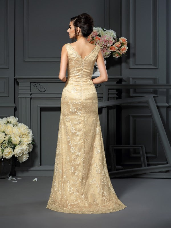 Robe de mère de la mariée longue en dentelle, coupe A-line/princesse, col en V, sans manches