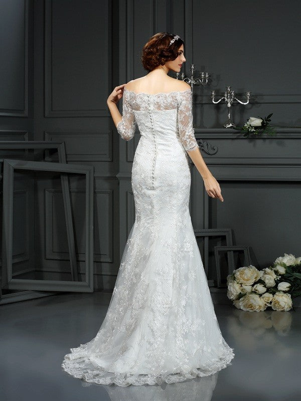 Etui-Linie Schulterfrei Spitze 1/2 Ärmel Lang Spitze Brautkleider