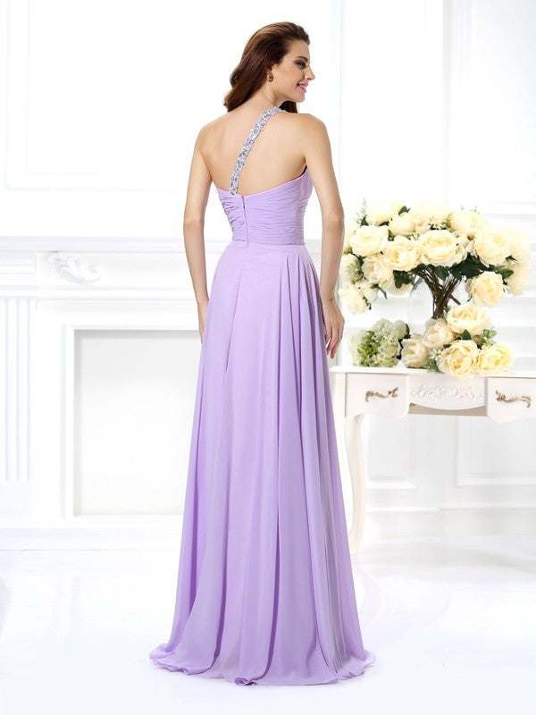 A-Line/Princess One-Shoulder Beading Sleeveless Long Chiffon Dresses